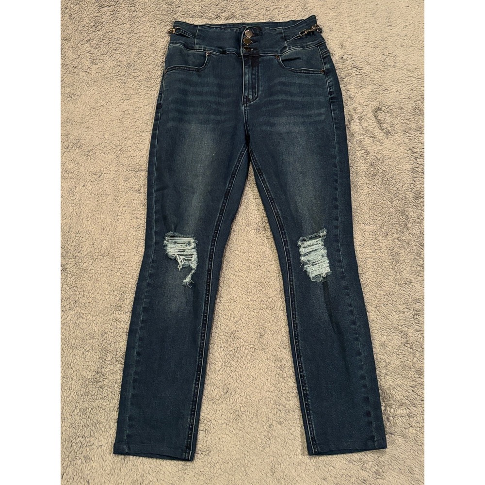 BEBE Jeans Womens 27 Cropped High Rise Straight Leg Denim Stretch Metal Accents